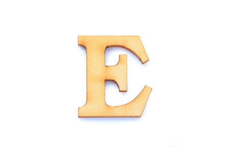Alphabet letter wooden font with shadow isolated over white background. English flat wood character E.の写真素材