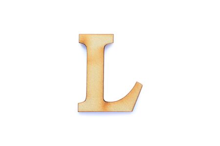 Alphabet letter wooden font with shadow isolated over white background. English flat wood character L.の写真素材