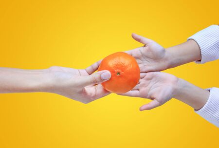 Closeup hands of people give an orange fruit for children for good luck in Chinese New Year celebration isolated on white background. Chinese New Year celebration concept.の写真素材