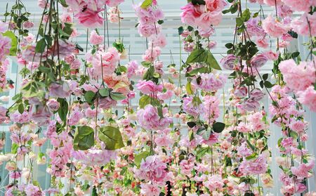 Many different type of sweet artificial flower hanging from ceiling. Beautiful Upside down flowers.の写真素材