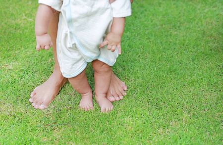Close up infant baby feet learning to walk with his mother on the green grass. First steps.の写真素材