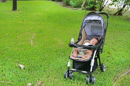 Asian baby boy sleeping in stroller on nature park.の写真素材