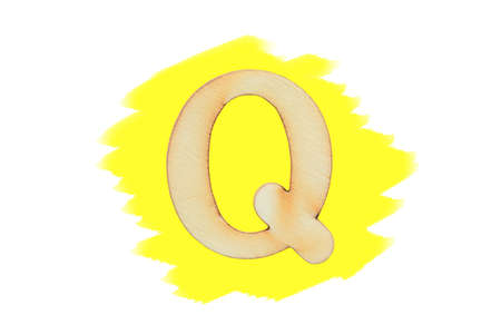 Alphabet letter wooden font on painted yellow color isolated on white background. English flat wood character Q.の写真素材