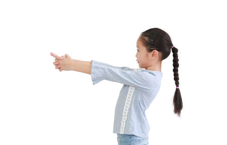 Portrait asian little child girl expression finger with imaginary gun isolated on white background....