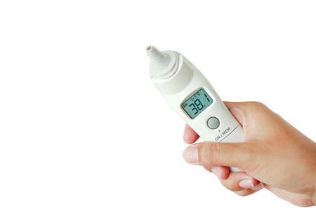Closeup people hand holding ear thermometer with high temperature isolated on white background.