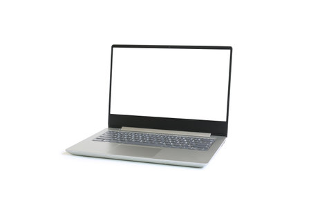 Laptop with blank white screen isolated on white background. Notebook computer with empty spaceの写真素材