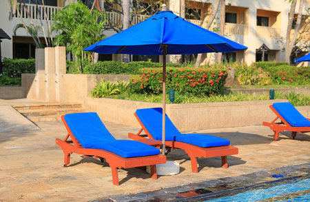 Empty lounge chairs near the pool in the sunny day.