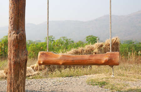 Wooden swing hanging in the nature gardenの写真素材