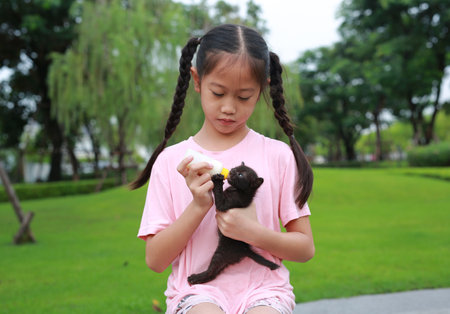 Portrait of Asian kid feeding for her kitten.の写真素材