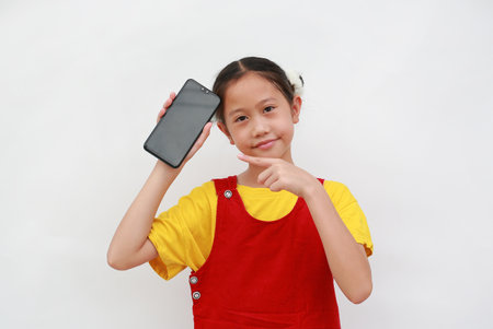 Portrait of Asian young girl holding smartphone and pointing at empty screen on white studio background.の写真素材