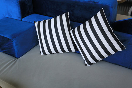 Close-up square canvas pillow on sofa in living room interior.の写真素材