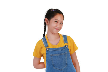 Portrait of cheeky face Asian girl child gesture isolated on white studio background.の写真素材