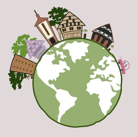 Drawing green world of vector illustration with building and the tree on beige background.のイラスト素材