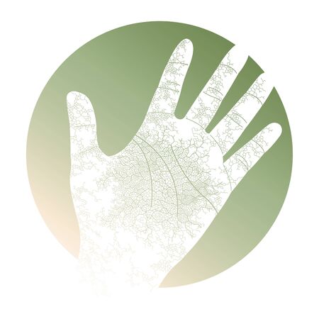 vector illustrations of green hand with leaf line on white background.のイラスト素材