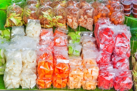 Fruits for sale at a street marketの写真素材