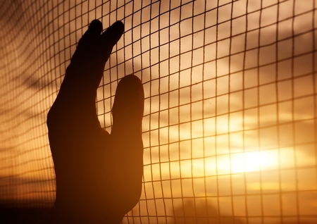 sunset, prison, background, fence, hand, silhouette, freedom, people, sun, sky, man, metal, female, jail, prisoner, concept, holding, wire, wall, protection, mesh, hands, chain, link, nature, religion, cage, barbed, security, help, god, lonely, crime, freの写真素材