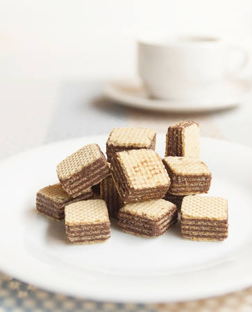 Wafers cubes with chocolate. on White plateの写真素材