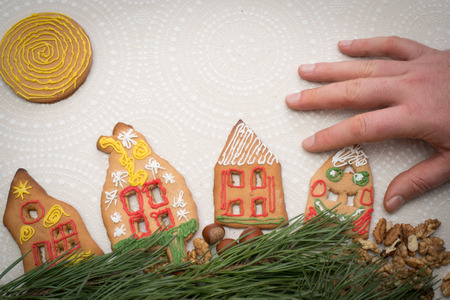 Christmas Gingerbread cookies on the table with Backgroundの写真素材
