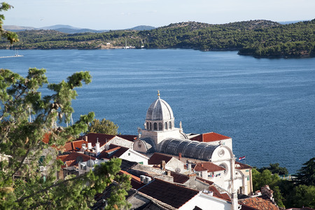 Beautiful Adriatic Bay and the Village near Split, Croatiaの写真素材