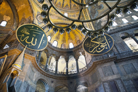Inside of Mosque. With beautiful mosque dome ceiling decorated and thousands of hand made tiles. 20 aug, 2014. Istanbul, Turkeyのeditorial素材