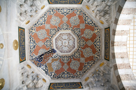 Inside of Mosque. With beautiful mosque dome ceiling decorated and thousands of hand made tiles. 20 aug, 2014. Istanbul, Turkeyのeditorial素材