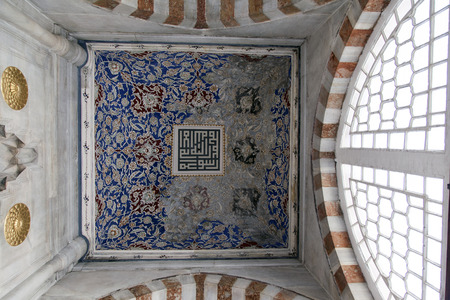 Inside of Mosque. With beautiful mosque dome ceiling decorated and thousands of hand made tiles. 20 aug, 2014. Istanbul, Turkeyのeditorial素材