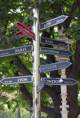 indicating directions and distances of global city on 20 july, 2014 in Istanbul, Turkeyのeditorial素材