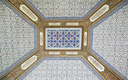 Inside of Mosque. With beautiful mosque dome ceiling decorated and thousands of hand made tiles. 20 aug, 2014. Istanbul, Turkeyのeditorial素材