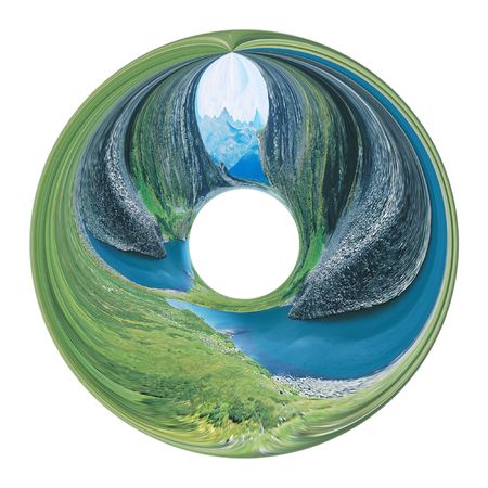 Abstract mountain landscape inside of circle. Illustration.の写真素材