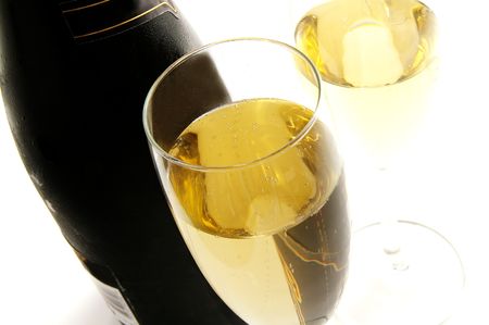 Champagne glasses and bottle on white backgroundの写真素材
