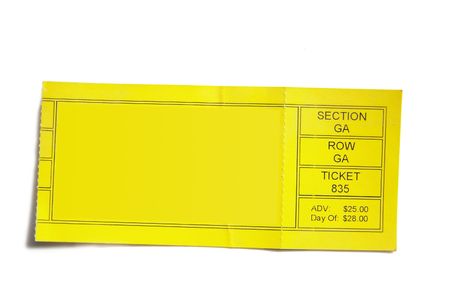 yellow event ticket stub isolated on white backgroundの写真素材