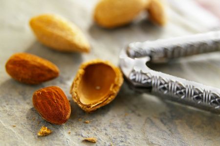 closeup of almond nuts and shells, with nut crackerの写真素材