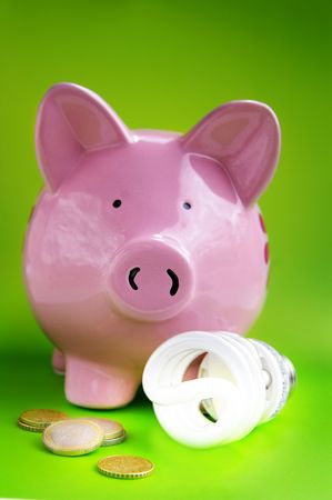 piggy bank with eficient light bulb and Euro coinsの写真素材