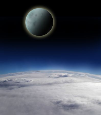 above the earth's clouds with moon image in the diatanceの写真素材