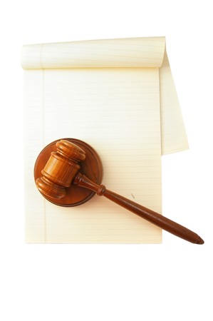 blank legal pad and law gavel, on whiteの写真素材