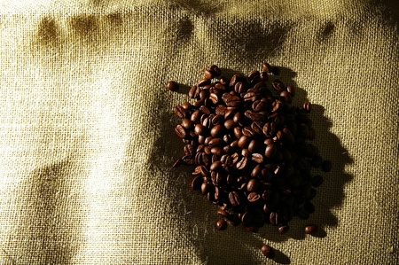 pile of coffee beans on burlap, in morning sunlightの写真素材