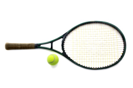 Tennis racket and ball, on white backgroundの写真素材