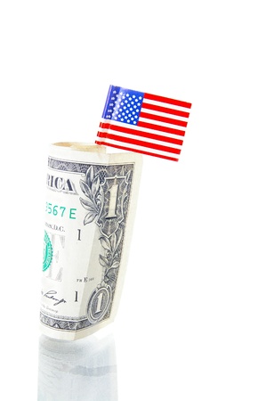 US flag and a dollar bill on whiteの写真素材
