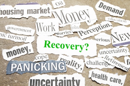 News paper headlines showing bad news and Recovery question.の写真素材