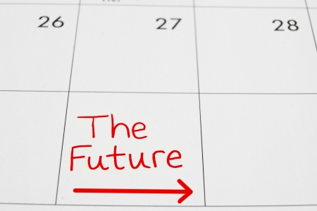 Closeup of a calendar with The Future text and arrowの写真素材