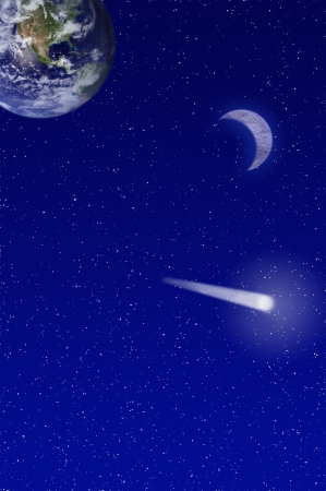 Night sky filled with a shooting star and crescent moon and earthの写真素材