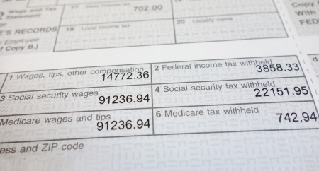 Closeup of a W2 form showing Social Security and Medicare deductions                          の写真素材