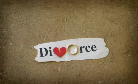 Paper scrap with Divorce text, wedding ring and red broken heart                              の写真素材