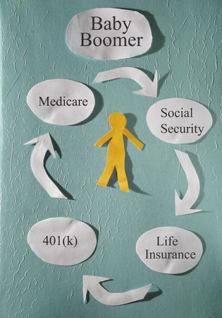 Paper cutout person and retirement related items - baby boomer concept                               の写真素材