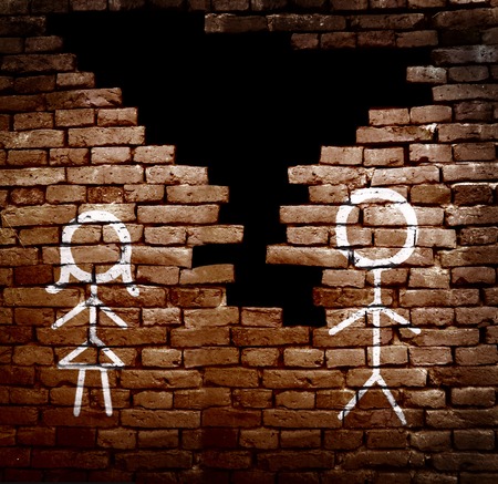 Man and woman stick figures on broken brick wall -- divorce conceptの写真素材