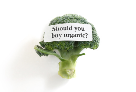 Broccoli with Should You Buy Organic labelの写真素材
