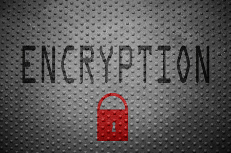 Encryption text with red lock on steel background -- computer data encryption conceptの写真素材