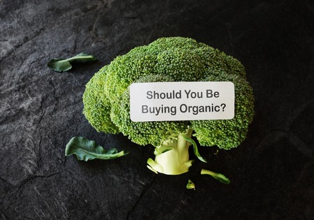 Broccoli with Should You Be Buying Organic labelの写真素材