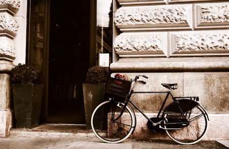 A bike in front of an old building in Budapest Hungaryの写真素材