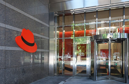 RALEIGH,NC/USA - 8-17-2019:The Red Hat headquarters entrance in downtown Raleigh, NCのeditorial素材